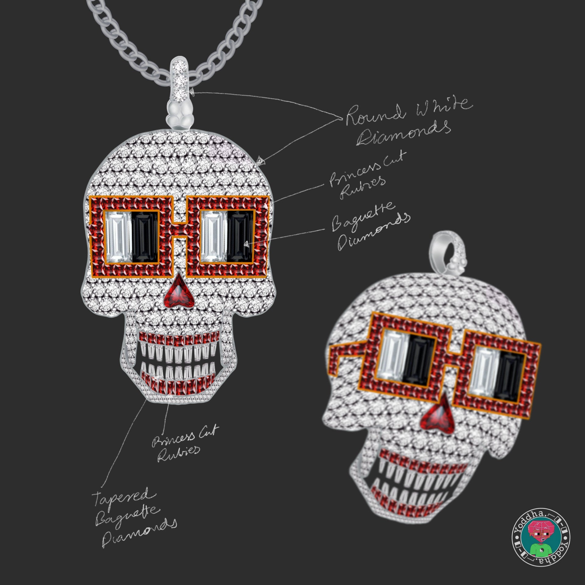 Noggles Skull Pendant — diamond skull with noggles