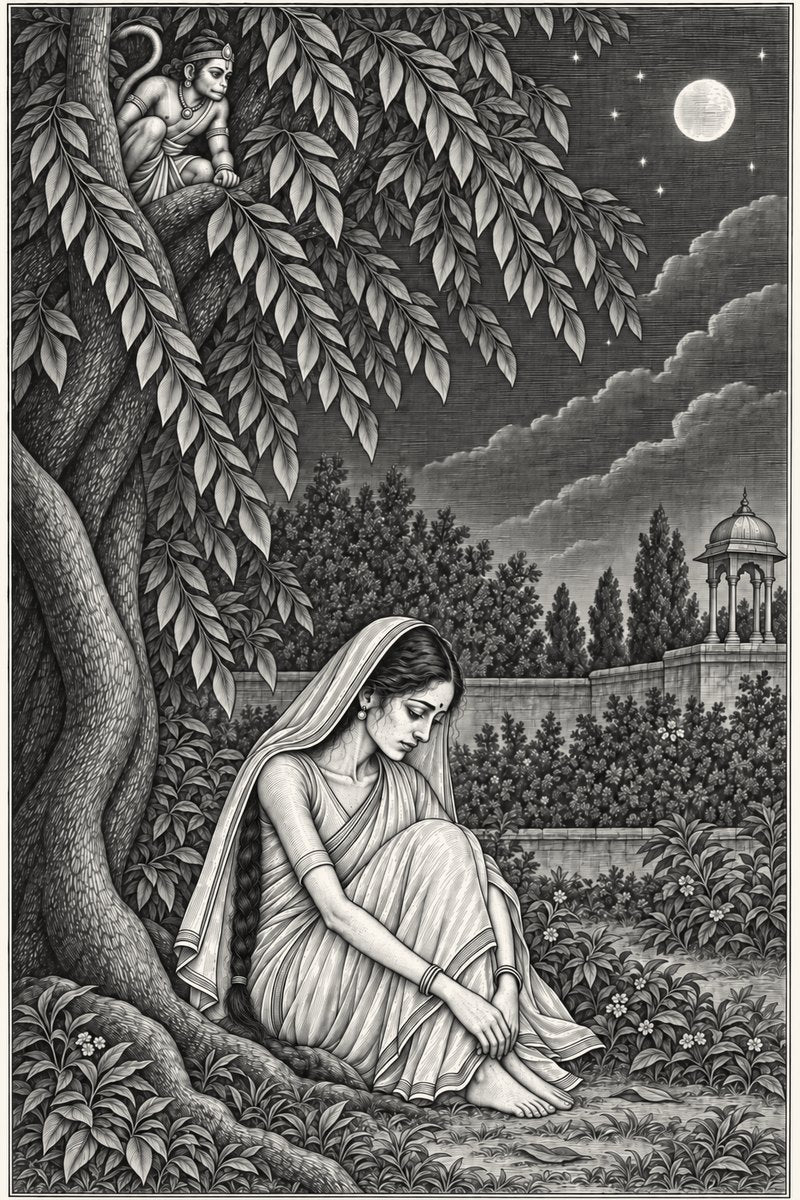 Plate: Sītā beneath the aśoka, with Hanumān hidden in the branches