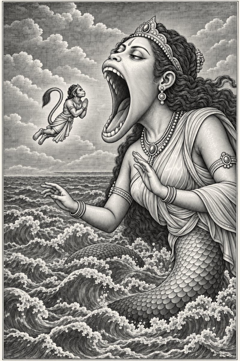 Plate: the trial of Surasa. Hanumān small in the air before the sea-demoness